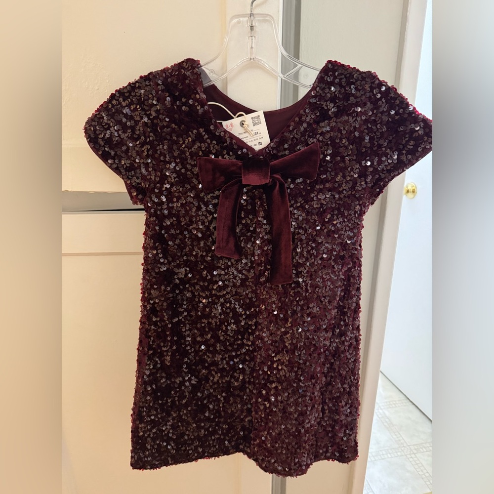 NWT- Zara kids Burgundy Sequin Bow Dress sz.9-10 - Picture 5 of 6